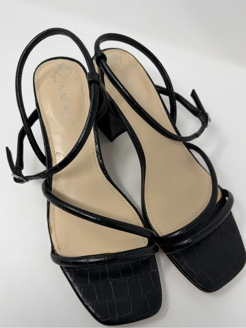 Women’s Nine West Black Croc-Embossed Strappy Block Heels
